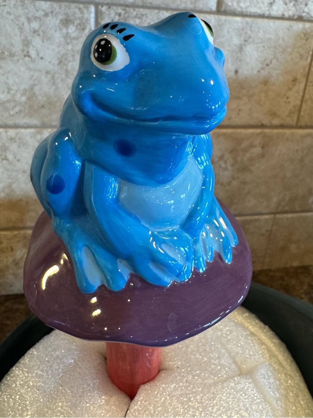 Bright Blue Ceramic Frog on Purple Mushroom Watering Stake